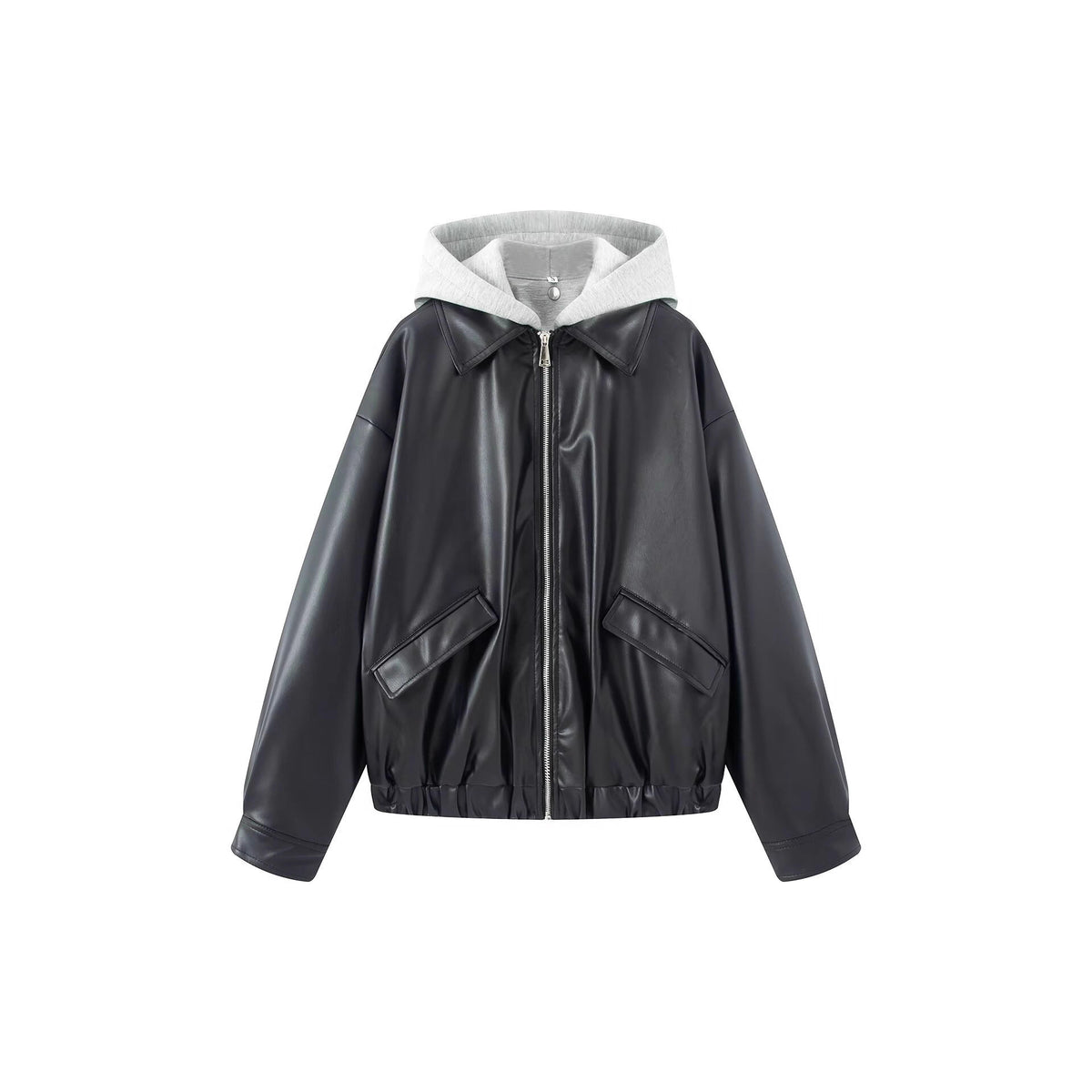 Women Oversize Faux Leather Blouson with Hood Insert and Flap Pockets Fashion Glam