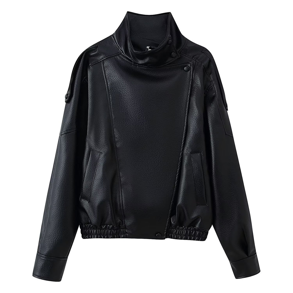 Women's Short Cut Faux Leather Bomber Jacket with High Stand Collar, Asymmetric Snap Button Placket and Elastic Hem Fashion Glam