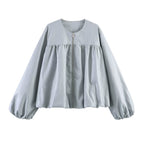 Women Oversize Faux Leather Jacket with Round Neck, Gathered Yoke and Balloon Sleeves Fashion Glam