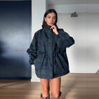 Women's Oversized Jacket in Casual Check Design with Practical Pockets and Waist Drawstring Fashion Glam