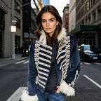Women's tailored velvet military jacket with decorative cord appliqués and feather trim Fashion Glam