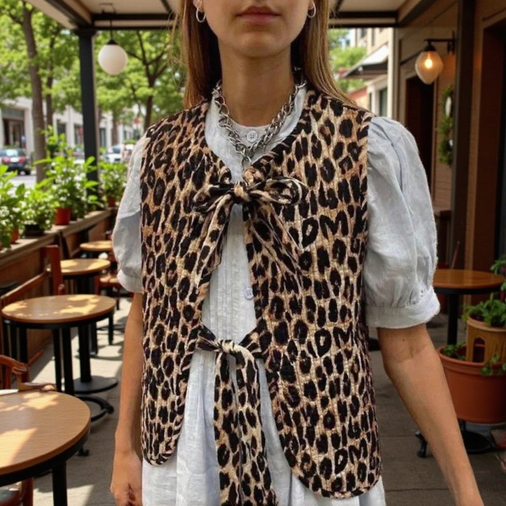 Women's Sleeveless Knit Vest with Leopard Print and Decorative Ties Fashion Glam