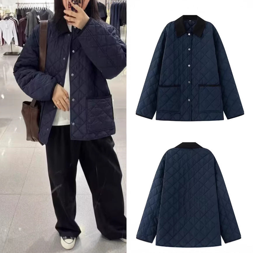 Women Lightweight Quilted Transitional Jacket in Oversized Cocoon with Cord Collar Fashion Glam