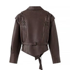 Women's Wrap Leather Jacket with Highlighted Shoulders and Waist Belt Fashion Glam