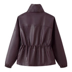 Women Faux Leather Parka with Stand Collar, Waist Drawstring, and Placket Pockets Fashion Glam