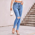 Women Pearl-Embellished High-Waist Skinny Jeans with Knee Rips and Raw Hem Fashion Glam