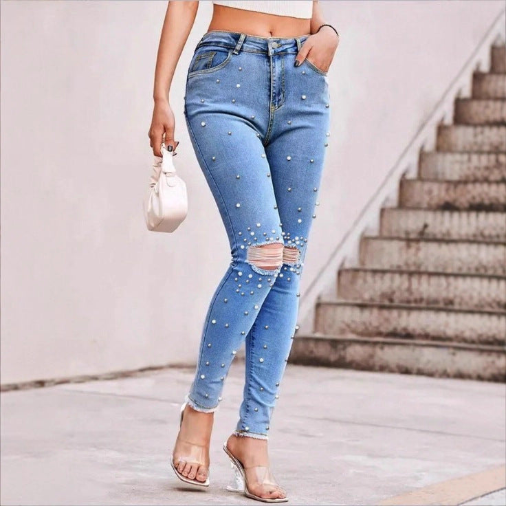 Women Pearl-Embellished High-Waist Skinny Jeans with Knee Rips and Raw Hem Fashion Glam