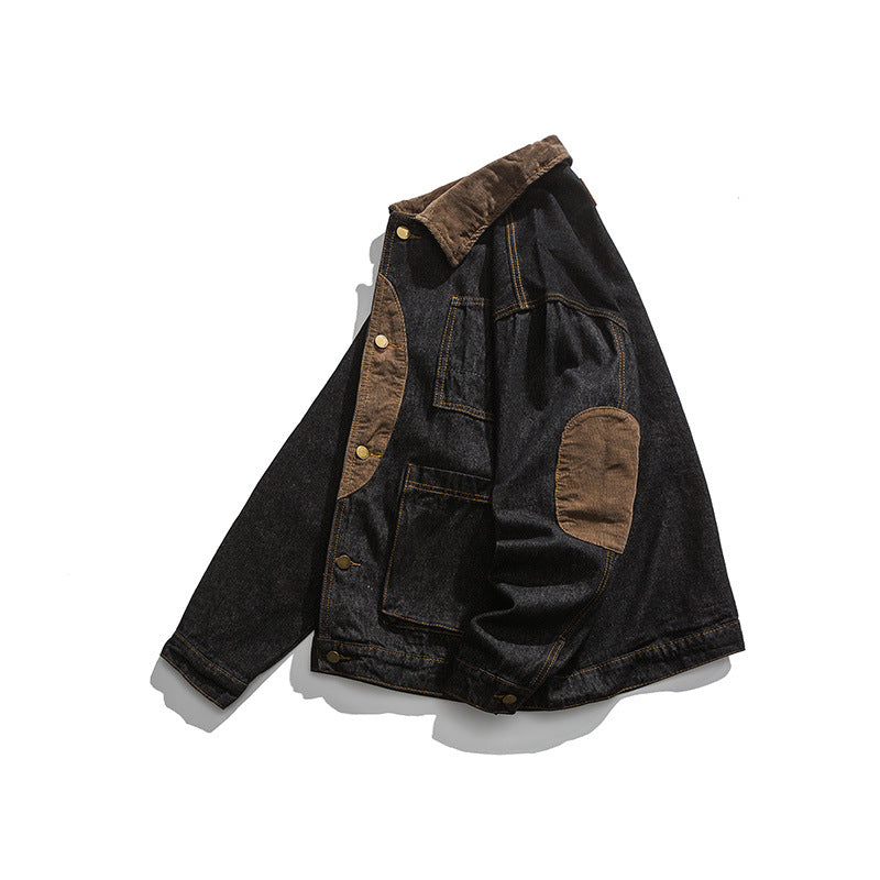 Men's Boxy Denim Work Jacket with Cord Collar, Flap Pockets and Elbow Patches Fashion Glam