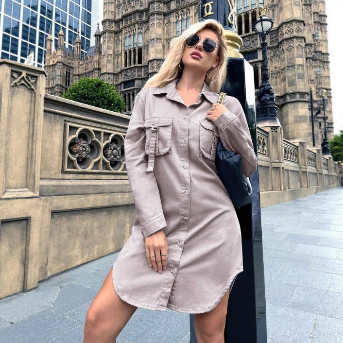 Women Oversized Shirt Dress with Flap Pockets and Curved Hem Fashion Glam