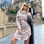 Women Oversized Shirt Dress with Flap Pockets and Curved Hem Fashion Glam