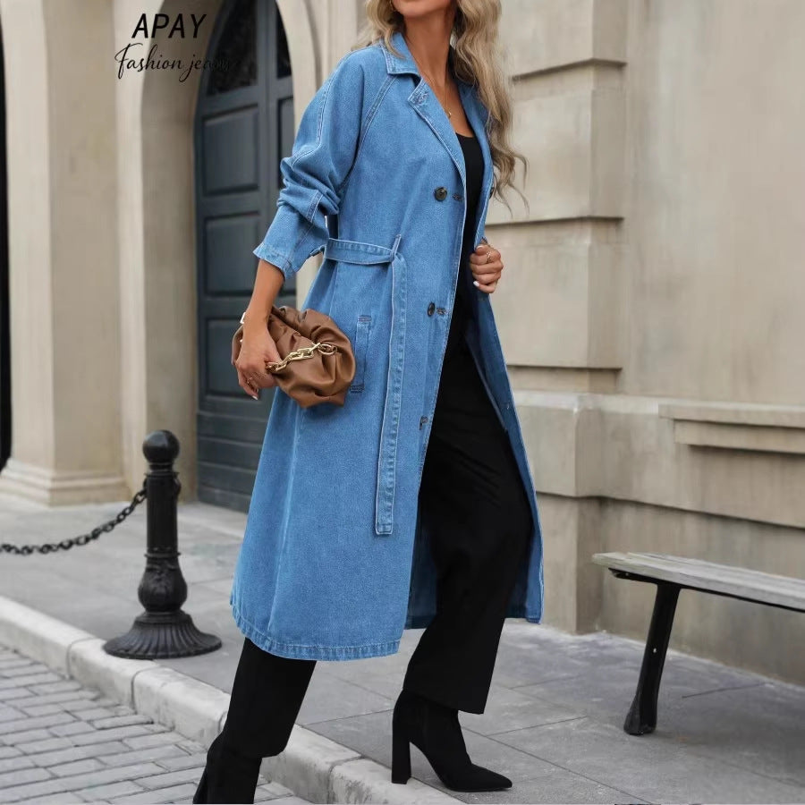 Women Long Denim Trench Coat with Tie Belt and Raglan Sleeves Fashion Glam