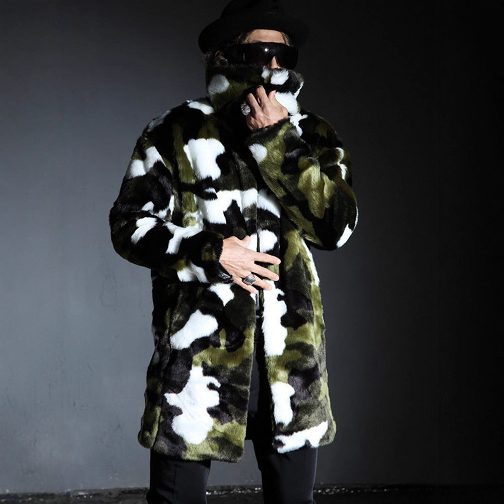Men's camouflage faux fur coat with long cut and oversized silhouette Fashion Glam