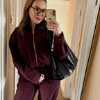 Ladies short cut velour look bomber jacket with lapel collar and elastic hem Fashion Glam