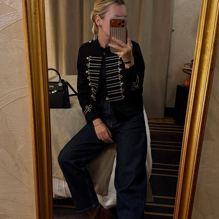 Ladies Short Cut Military Parade Jacket with Decorative Cords and Decorative Buttons Fashion Glam