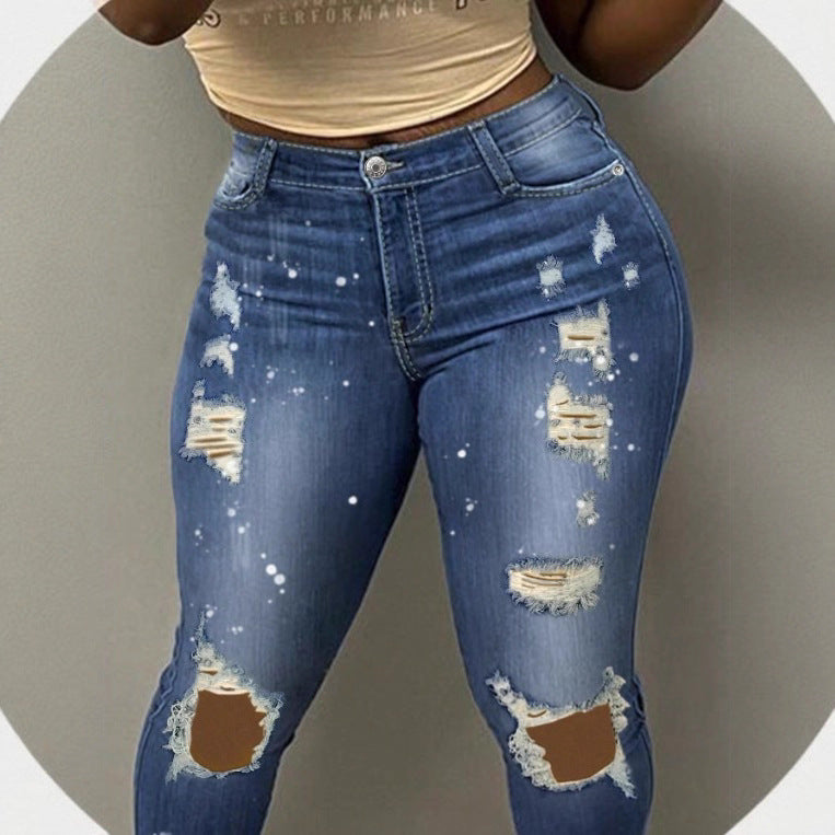 Women's high-waisted skinny super stretch jeans with used knee rips and paint splatter Fashion Glam