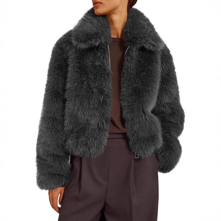 Women Short Boxy Faux Fur Pilot Jacket with Dense High Pile and Wide Lapel Fashion Glam