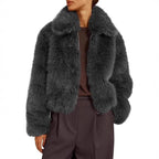 Women Short Boxy Faux Fur Pilot Jacket with Dense High Pile and Wide Lapel Fashion Glam
