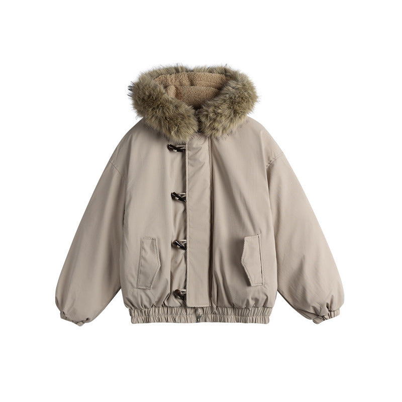 Unisex Padded Hooded Jacket in Boxy Cut with Teddy Lining, Faux Fur Collar and Toggle Closures Fashion Glam