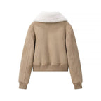 Women's Short Suede Look Bomber Jacket with Teddy Collar and Ribbed Cuffs Fashion Glam