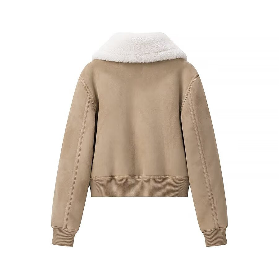 Women's Short Suede Look Bomber Jacket with Teddy Collar and Ribbed Cuffs Fashion Glam