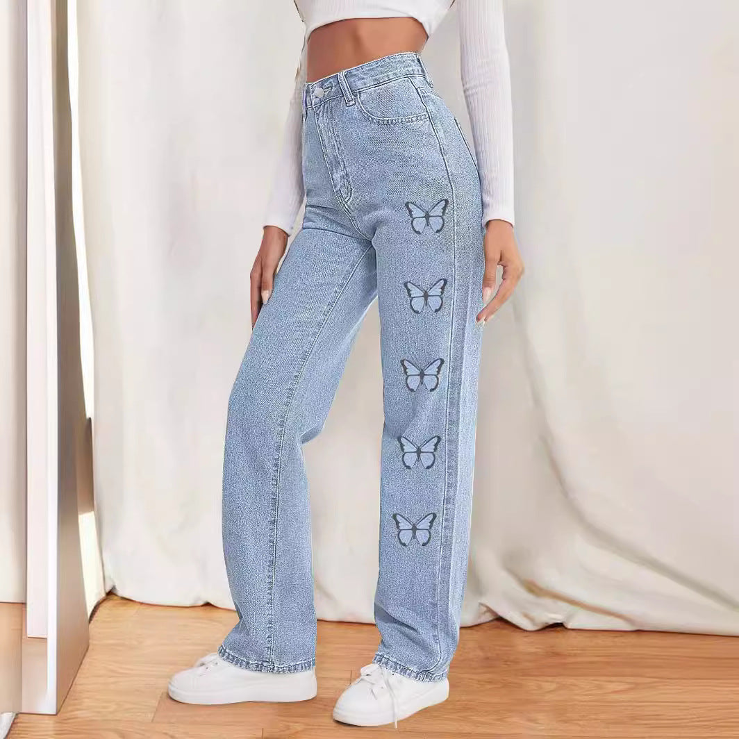 Women's high-waisted straight-cut jeans with side butterfly print Fashion Glam