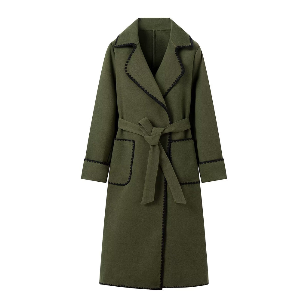 Women's Tailored Wool Blend Long Coat with Belt and Contrasting Zigzag Trim Fashion Glam