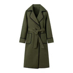 Women's Tailored Wool Blend Long Coat with Belt and Contrasting Zigzag Trim Fashion Glam