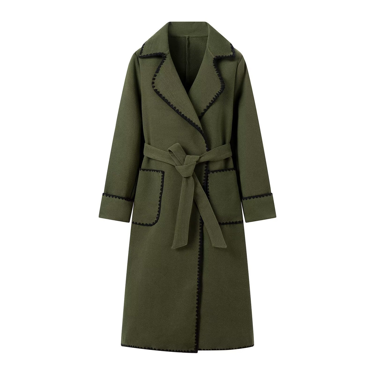 Women's Tailored Wool Blend Long Coat with Belt and Contrasting Zigzag Trim Fashion Glam