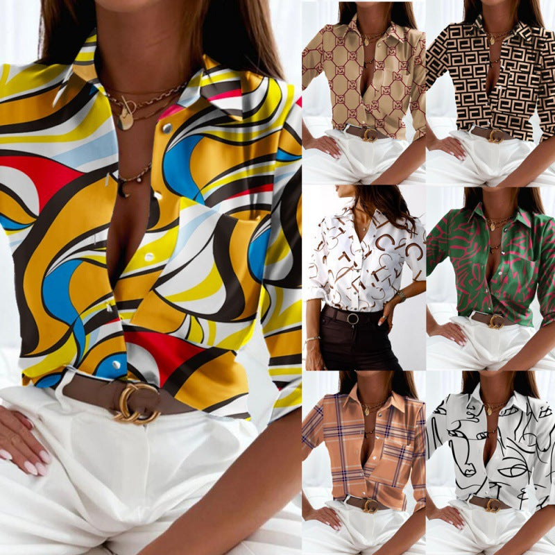 Women's satin blouse with graphic all-over print and tailored fit Fashion Glam