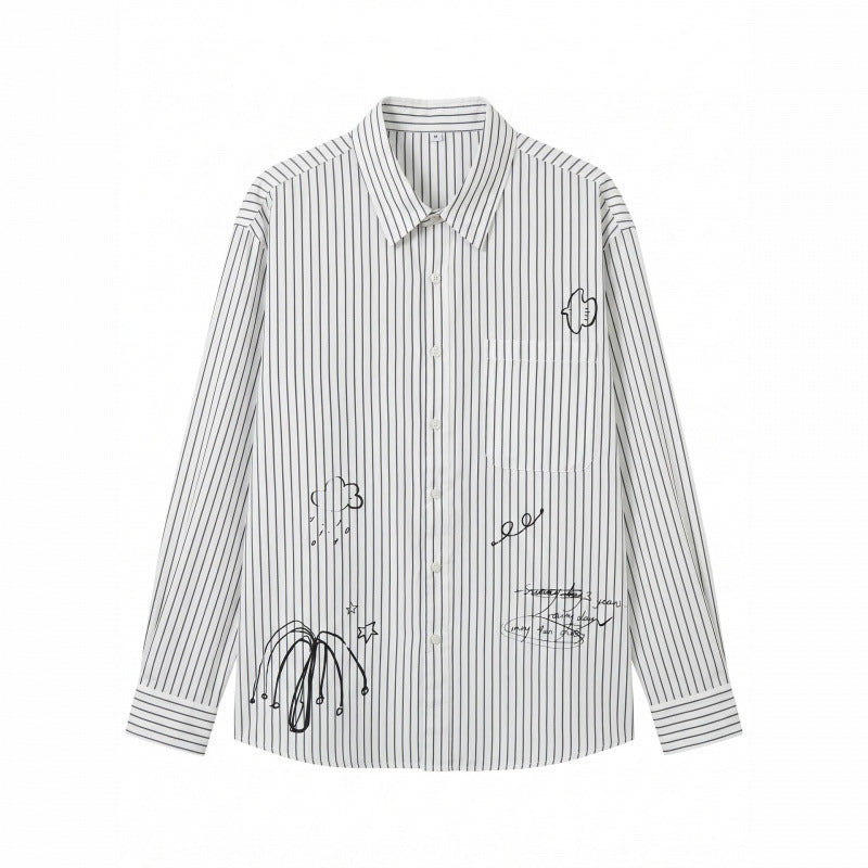 Unisex Oversize Stripe Shirt with Doodle Print, Chest Pocket and Shirt Collar Fashion Glam