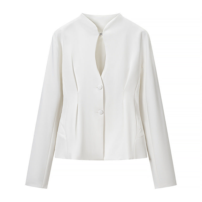 Women's Tailored Short Blazer without Lapels with Stand-Up Collar Look and Shaping Seams Fashion Glam