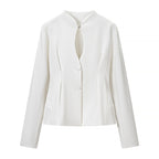 Women's Tailored Short Blazer without Lapels with Stand-Up Collar Look and Shaping Seams Fashion Glam