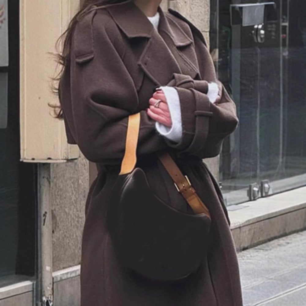 Women's Maxi Wool Blend Coat in Military Style with Wide Lapels and Dropped Shoulders Fashion Glam