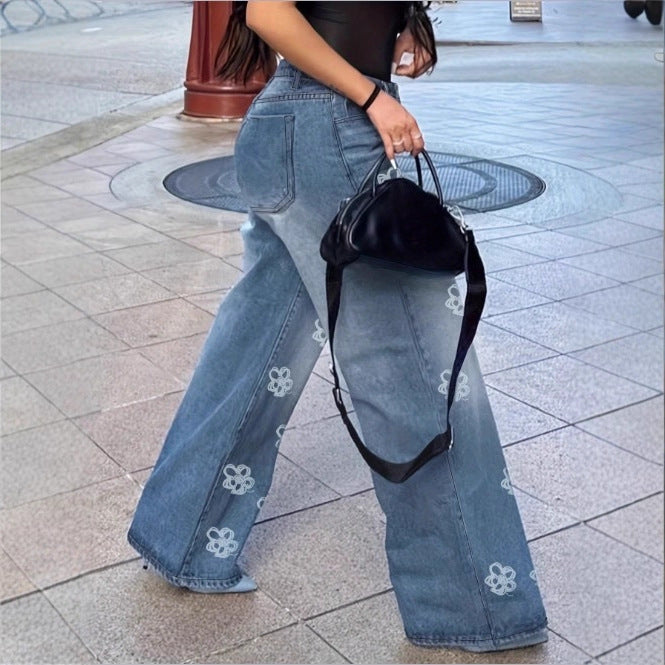Ladies High-Waist Wide-Leg Denim Jeans with Floral Allover Embroidery Fashion Glam