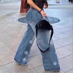 Ladies High-Waist Wide-Leg Denim Jeans with Floral Allover Embroidery Fashion Glam