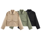 Women's Short Cut Utility Jacket in Military Look with Flap Pockets, Epaulettes and Zipper Fashion Glam
