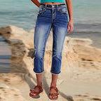 Women's cropped jeans with turn-up, mid-rise waist and used wash Fashion Glam