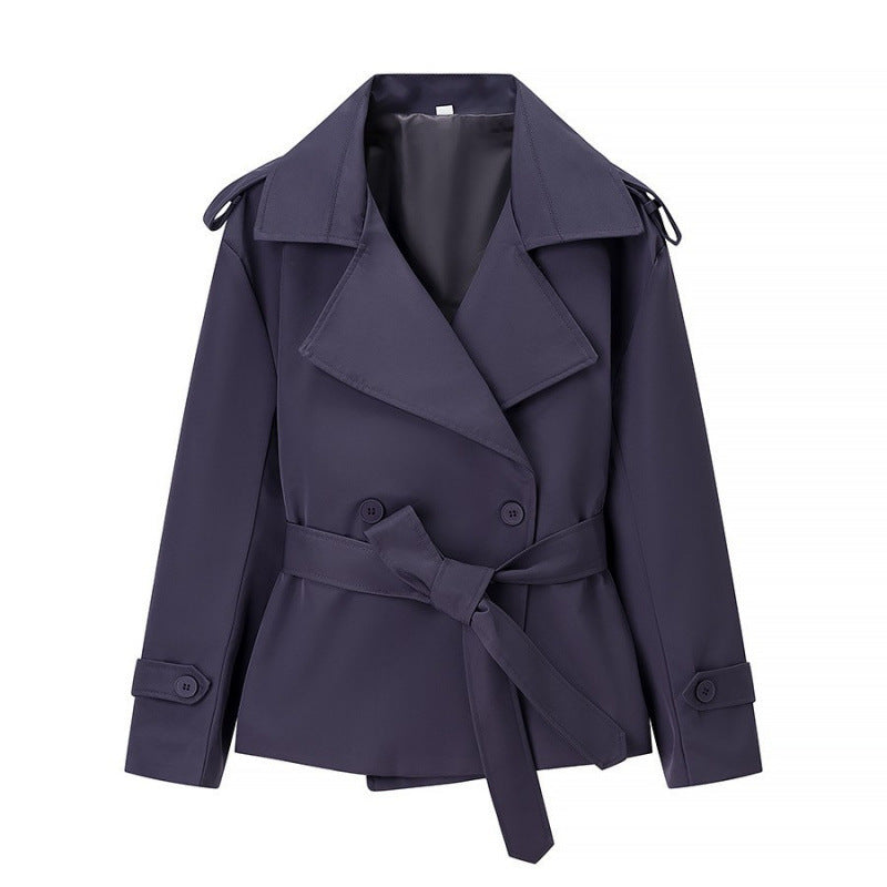 Women's short trench coat with double-breasted button placket, waist belt, and shoulder straps Fashion Glam