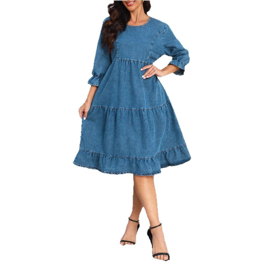 Women's tiered ruffle denim midi dress with elbow-length sleeves and gathered empire waist Fashion Glam
