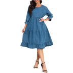 Women's tiered ruffle denim midi dress with elbow-length sleeves and gathered empire waist Fashion Glam