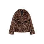 Women's short boxy faux fur jacket with leopard print and large shawl collar Fashion Glam