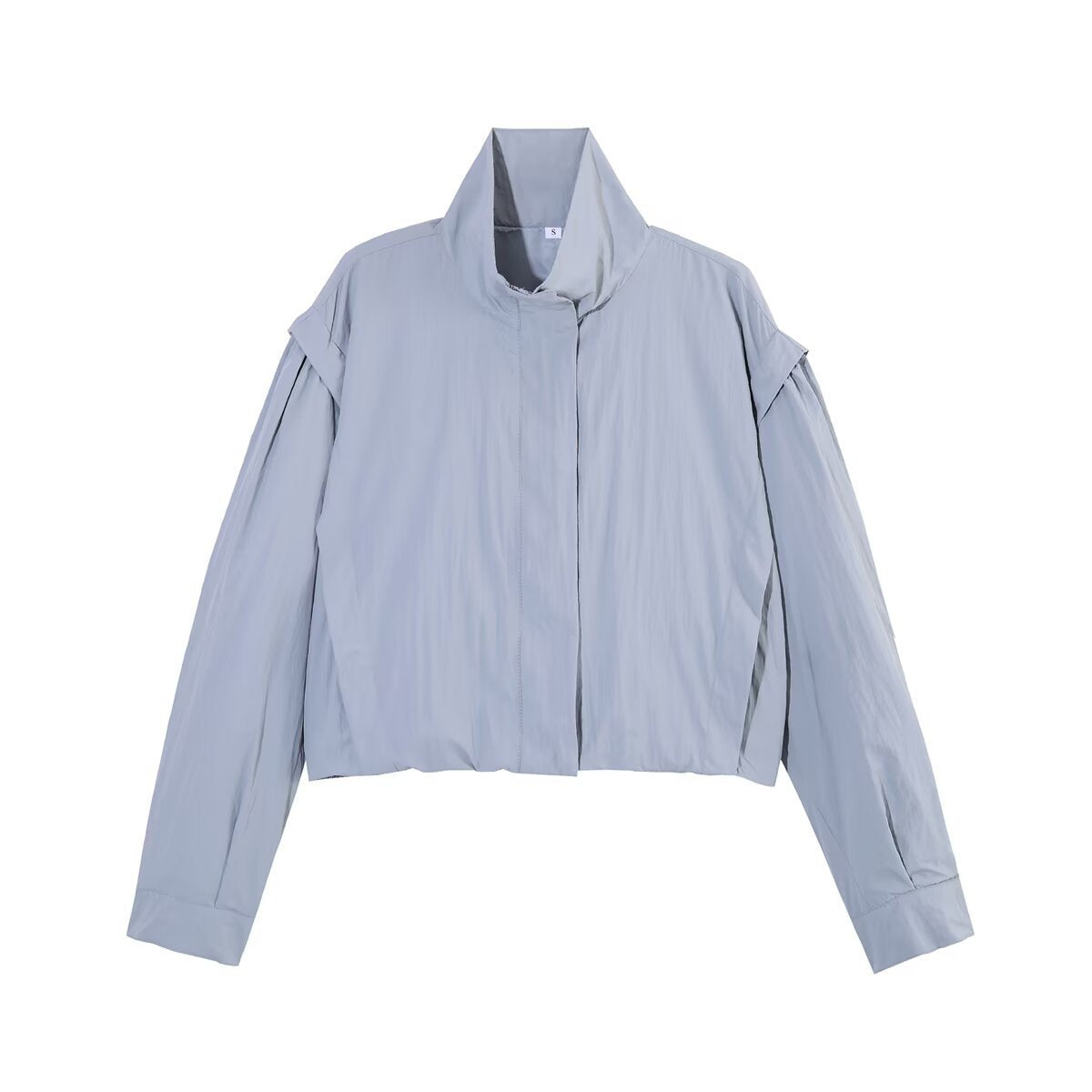 Women Cropped Waist-free Blouson Jacket with High Standing Collar and Pleated Sleeve Panels Fashion Glam