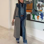 Women's Longline Coat in Houndstooth Mix with Velvet Shawl Collar and Decorative Pocket Trim Fashion Glam