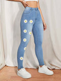 Women's High-Waist Skinny Jeans with printed Daisies and figure-shaping Stretch Fashion Glam