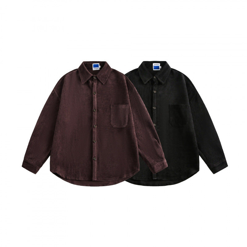 Unisex Oversized Velvet Shirt Jacket with Chest Pocket and Continuous Button Placket Fashion Glam