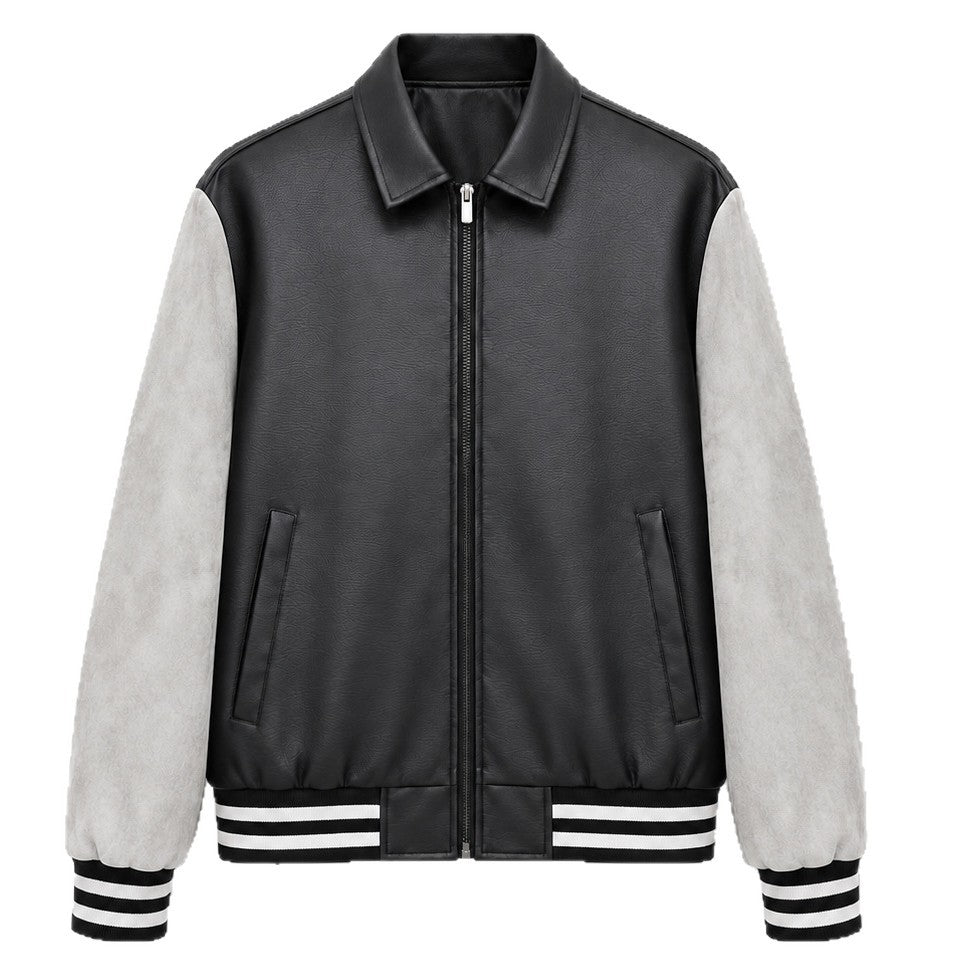 Men's Retro Letterman Bomber with Smooth Faux Leather Body and Velvet Sleeve Detail Fashion Glam