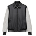 Men's Retro Letterman Bomber with Smooth Faux Leather Body and Velvet Sleeve Detail Fashion Glam