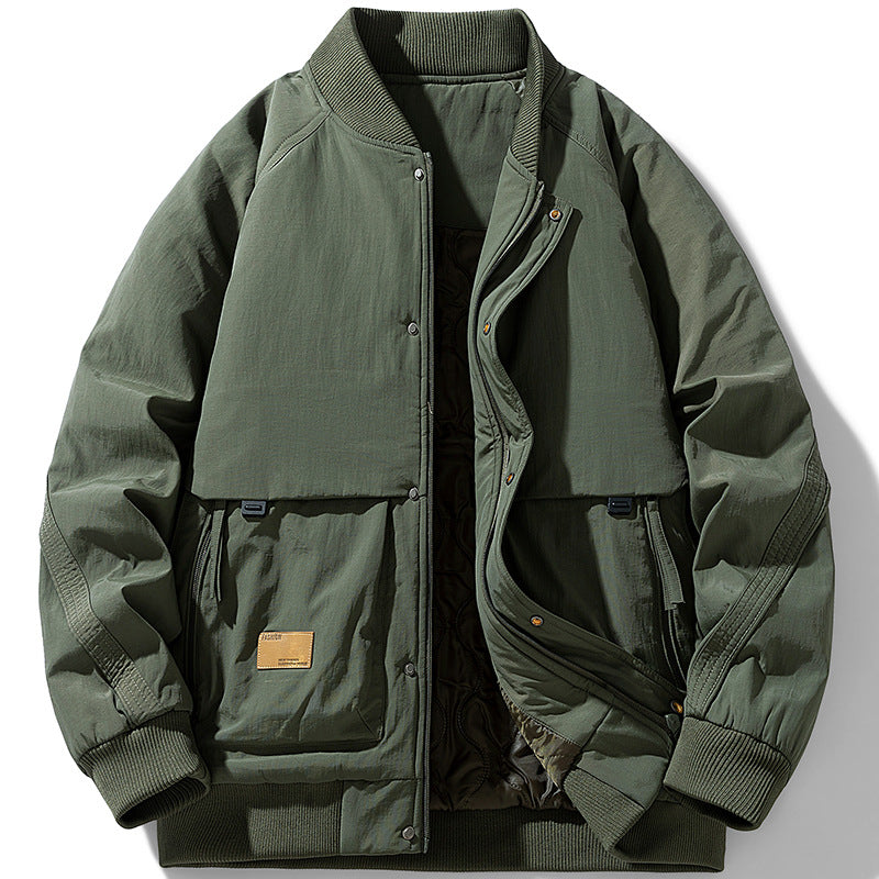 Men's Padded Utility Bomber Jacket with Ribbed Collar, Quilted Lining and Concealed Snap Placket Fashion Glam