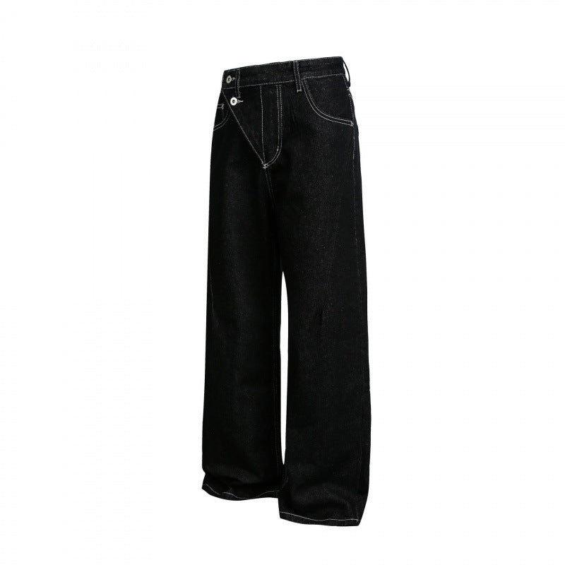 Women's Wide High-Waist Denim Jeans with Asymmetric Button Placket and Contrast Stitching Fashion Glam