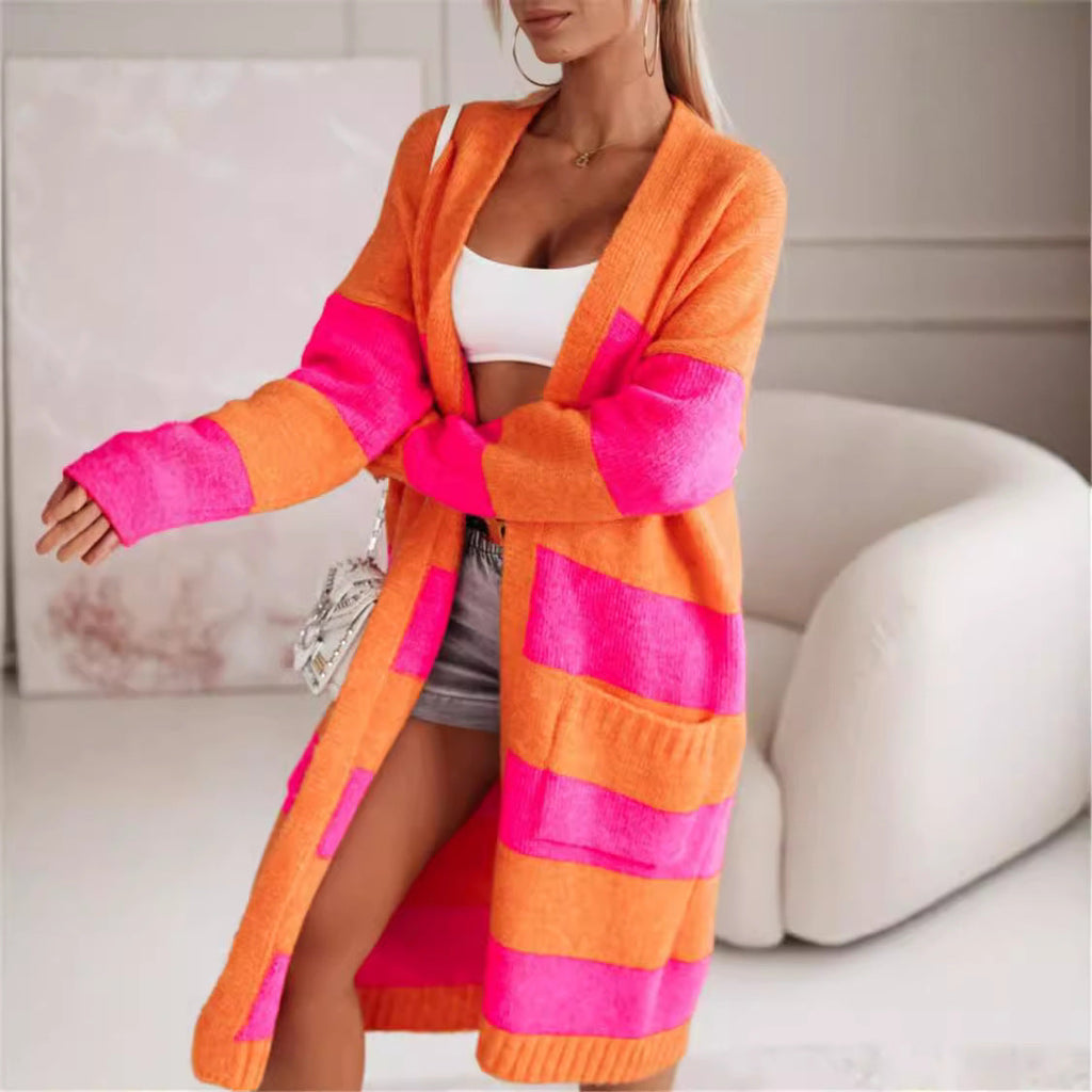 Women's casual knitted coat with large stripes Fashion Glam